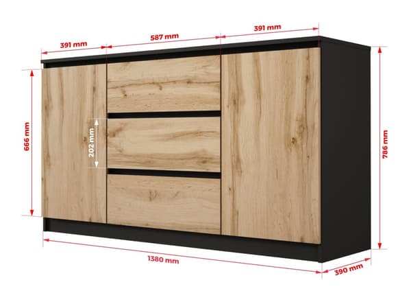 Lipasto 3 laatikkoa ja 2 ovea Musta / Wotan Oak, P: 140 cm, K: 101 cm, S: 39 cm, Säilytysyksikkö