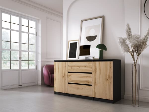 Lipasto 3 laatikkoa ja 2 ovea Musta / Wotan Oak, P: 140 cm, K: 101 cm, S: 39 cm, Säilytysyksikkö
