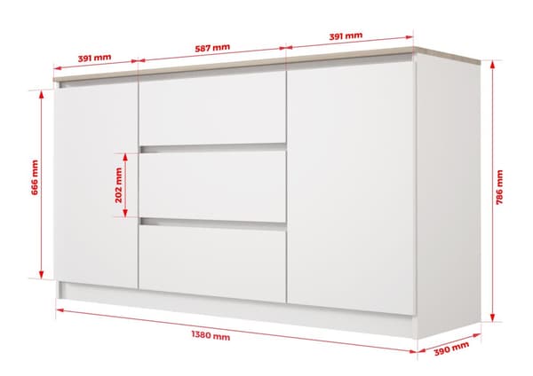 Byrå med 3 lådor och 2 luckor Vit / Top Oak, L: 140 cm, H: 101 cm, D: 39 cm, Förvaringsenhet