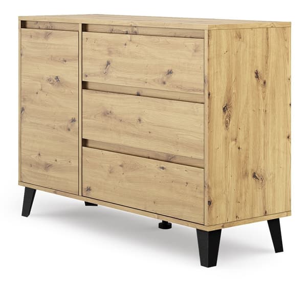 Kommode, skænk med 1 låge og 3 skuffer i Artisan eg (B: 110cm x H: 78,5cm x D: 39cm)