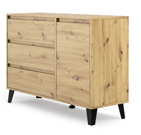 Kommode, skænk med 1 låge og 3 skuffer i Artisan eg (B: 110cm x H: 78,5cm x D: 39cm)