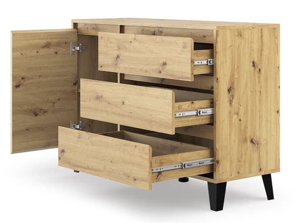 Kommode, skænk med 1 låge og 3 skuffer i Artisan eg (B: 110cm x H: 78,5cm x D: 39cm)