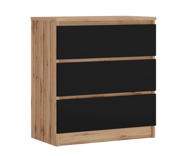 Kommode med 3 skuffer Eg Wotan / Sort, L: 70 cm H: 79 cm D: 39 cm