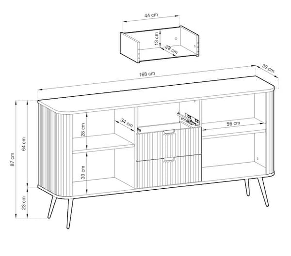 Valkoinen lipasto, jalat: musta, S: L: 168 cm, K: 87 cm, S: 39 cm