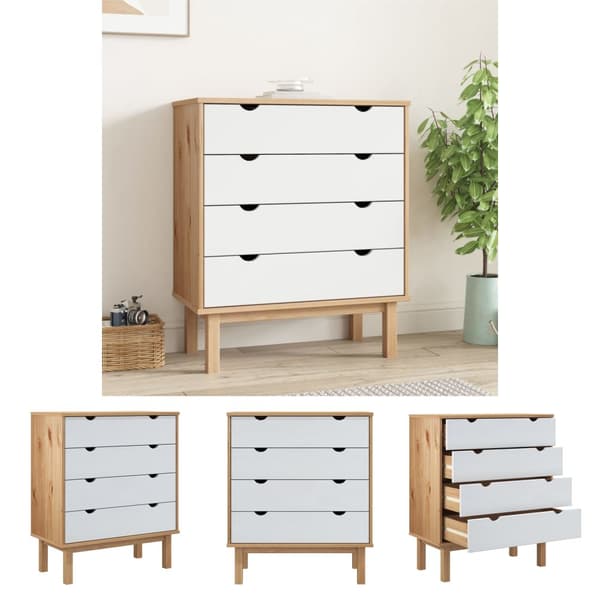 The Living Store kommode OTTA 76,5x39,5x90 cm massivt fyrretræ brun og hvid -  Skuffemøbler