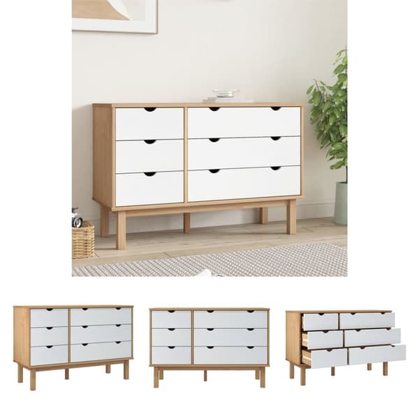 The Living Store kommode OTTA 111x43x73,5 cm massivt fyrretræ brun og hvid - Skuffemøbler