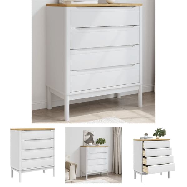 The Living Store kommode FLORO massivt fyrretræ hvid -  Skuffemøbler