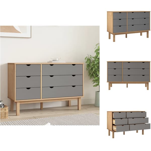 Skuffemøbler - Living kommode OTTA 111x43x73,5 cm massivt fyrretræ brun og grå