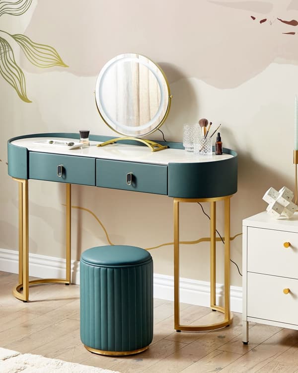 Toiletbord Grøn og Guld MDF 2 Skuffer LED Spejl Skammel Stue Møbler Glam Design