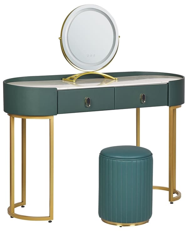 Toiletbord Grøn og Guld MDF 2 Skuffer LED Spejl Skammel Stue Møbler Glam Design