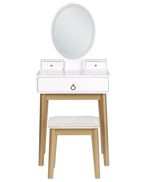 Sminkebord Hvid og Guld MDF 3 skuffer Spejl LED Taburet Soveværelse Opbevaring Glamorøst design