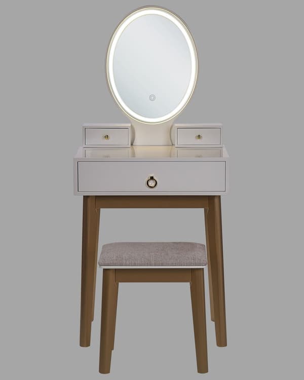 Sminkebord Hvid og Guld MDF 3 skuffer Spejl LED Taburet Soveværelse Opbevaring Glamorøst design