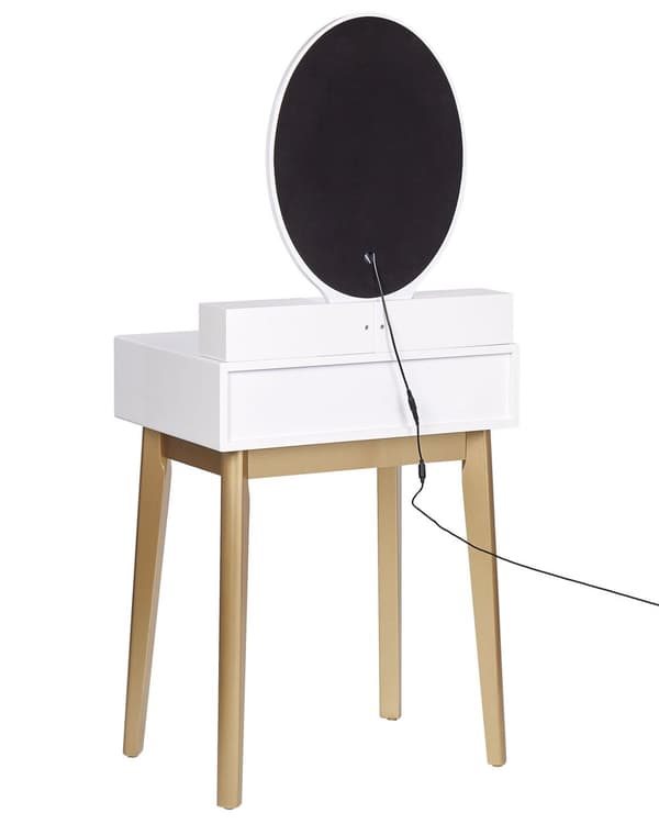 Sminkebord Hvid og Guld MDF 3 skuffer Spejl LED Taburet Soveværelse Opbevaring Glamorøst design