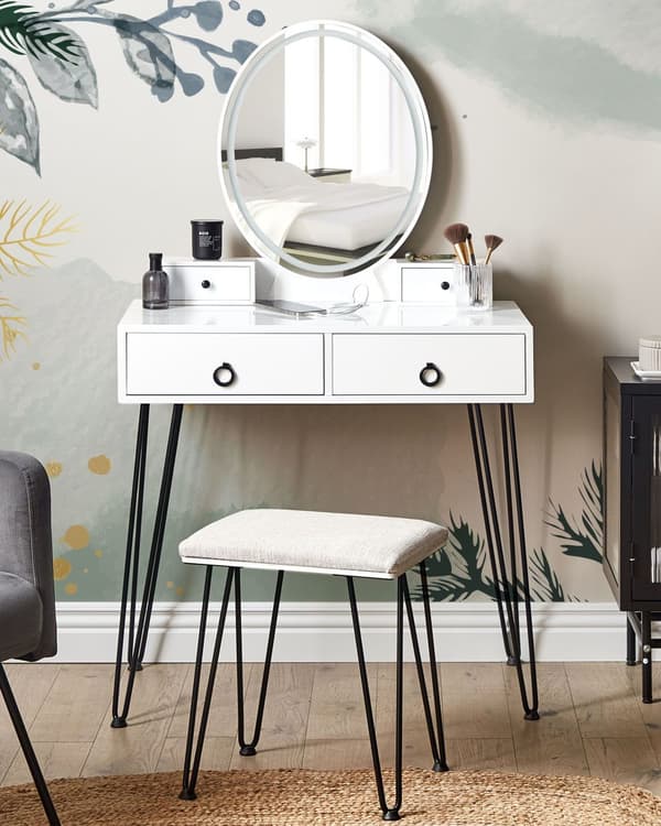 Konsolbord Hvid Sort MDF 4 Skuffer LED Spejl Skammel Stue Møbler Glamour Design Sminkebord