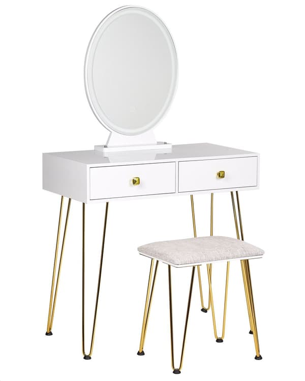 Sminkebord Hvid og Guld MDF 2 skuffer Spejl LED Taburet Soveværelse Opbevaring Glamorøst Design