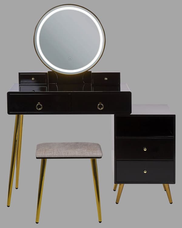 Konsolbord Sort Guld MDF 6 Skuffer LED Spejl Skammel Stue Møbler Glamour Design Sminkebord