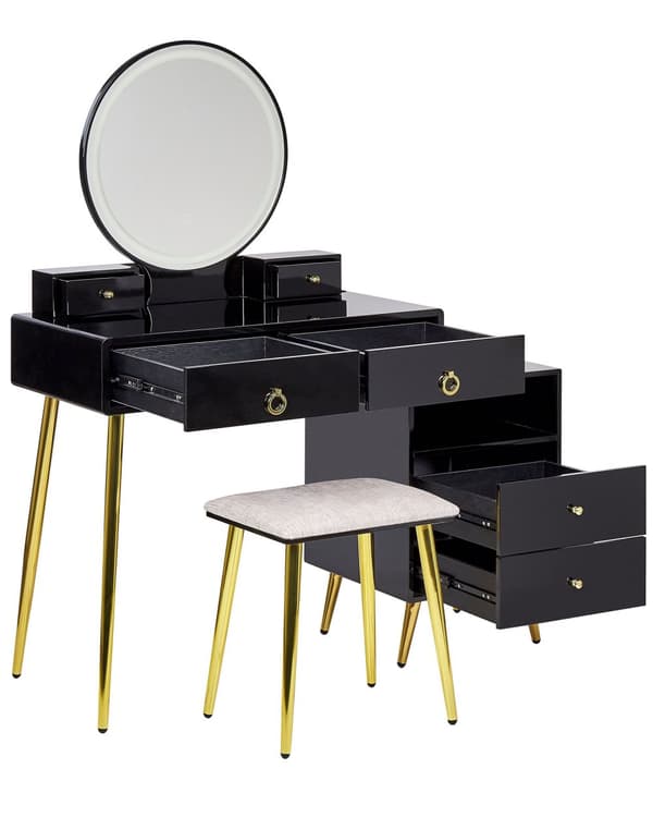 Konsolbord Sort Guld MDF 6 Skuffer LED Spejl Skammel Stue Møbler Glamour Design Sminkebord