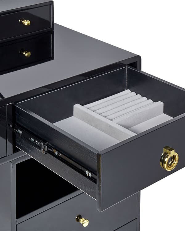 Konsolbord Sort Guld MDF 6 Skuffer LED Spejl Skammel Stue Møbler Glamour Design Sminkebord