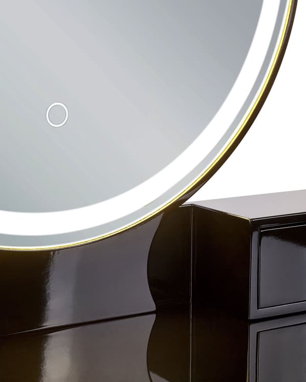 Konsolbord Sort Guld MDF 6 Skuffer LED Spejl Skammel Stue Møbler Glamour Design Sminkebord