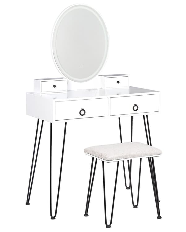 Sminkbord Vit och Svart MDF 4 Lådor LED-Spegel Pall Vardagsrumsmöbler Glam Design Sovrum Hall