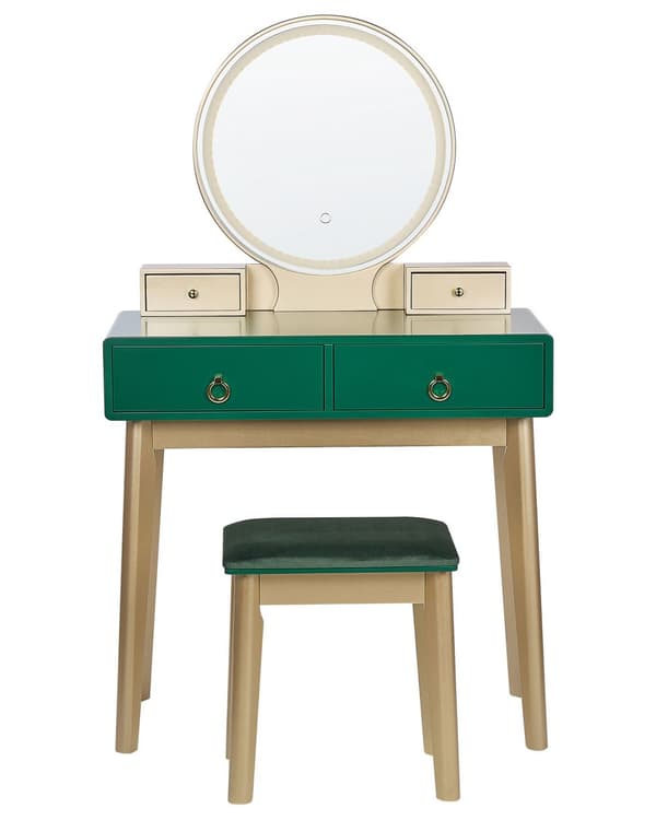 Sminkbord Grön och Guld MDF 4 Lådor LED Spegel Pall Vardagsrumsmöbler Glam Design Sovrum