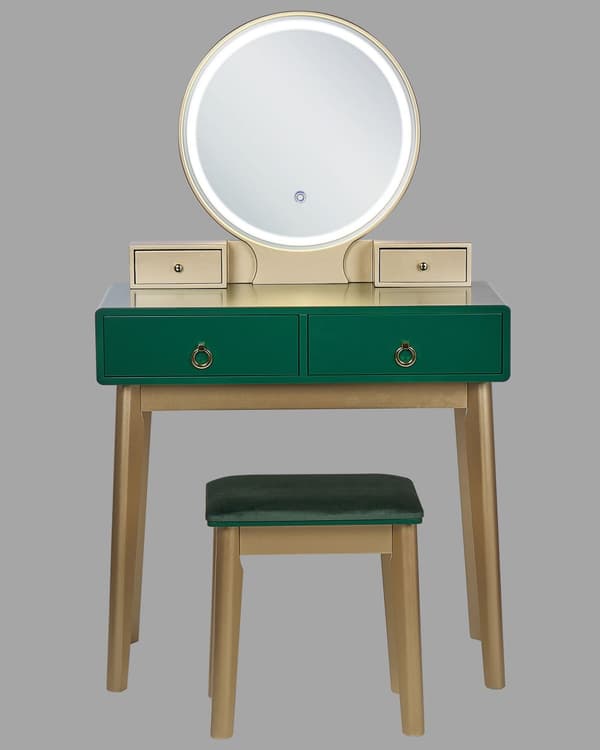Sminkbord Grön och Guld MDF 4 Lådor LED Spegel Pall Vardagsrumsmöbler Glam Design Sovrum