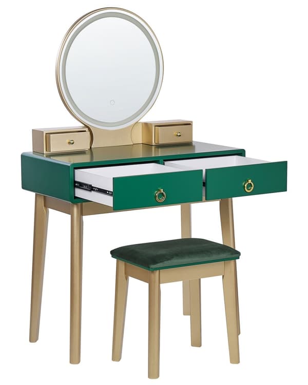 Sminkbord Grön och Guld MDF 4 Lådor LED Spegel Pall Vardagsrumsmöbler Glam Design Sovrum