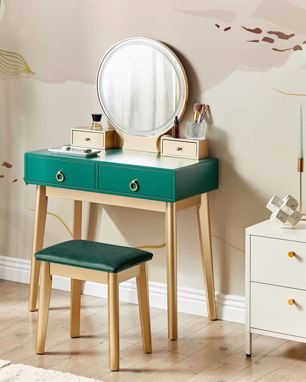 Sminkbord Grön och Guld MDF 4 Lådor LED Spegel Pall Vardagsrumsmöbler Glam Design Sovrum
