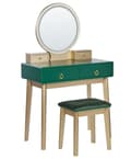 Miniatyrbild 1 av 10: Sminkbord Grön och Guld MDF 4 Lådor LED Spegel Pall Vardagsrumsmöbler Glam Design Sovrum