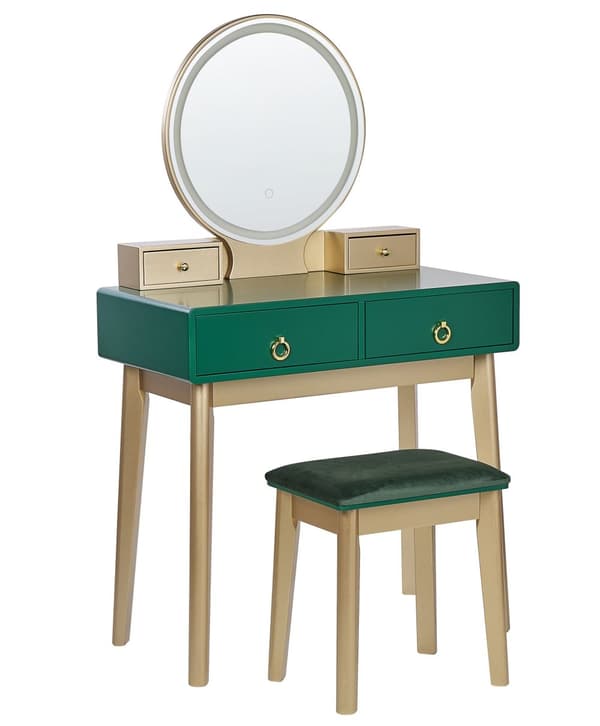 Sminkbord Grön och Guld MDF 4 Lådor LED Spegel Pall Vardagsrumsmöbler Glam Design Sovrum