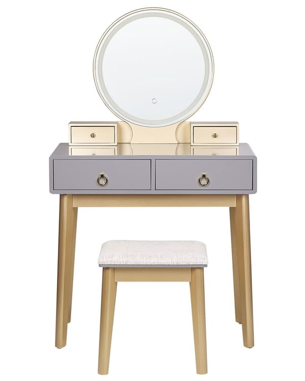 Sminkbord Grå och Guld MDF 4 Lådor LED Spegel Pall Vardagsrumsmöbler Glam Design Sovrum