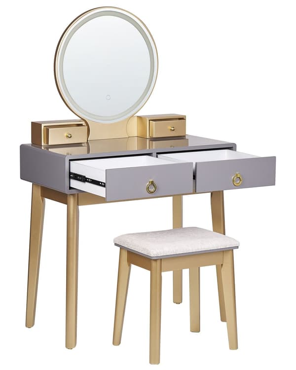 Sminkbord Grå och Guld MDF 4 Lådor LED Spegel Pall Vardagsrumsmöbler Glam Design Sovrum