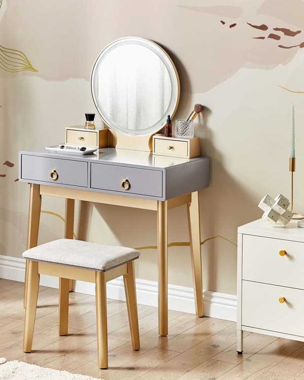 Sminkbord Grå och Guld MDF 4 Lådor LED Spegel Pall Vardagsrumsmöbler Glam Design Sovrum