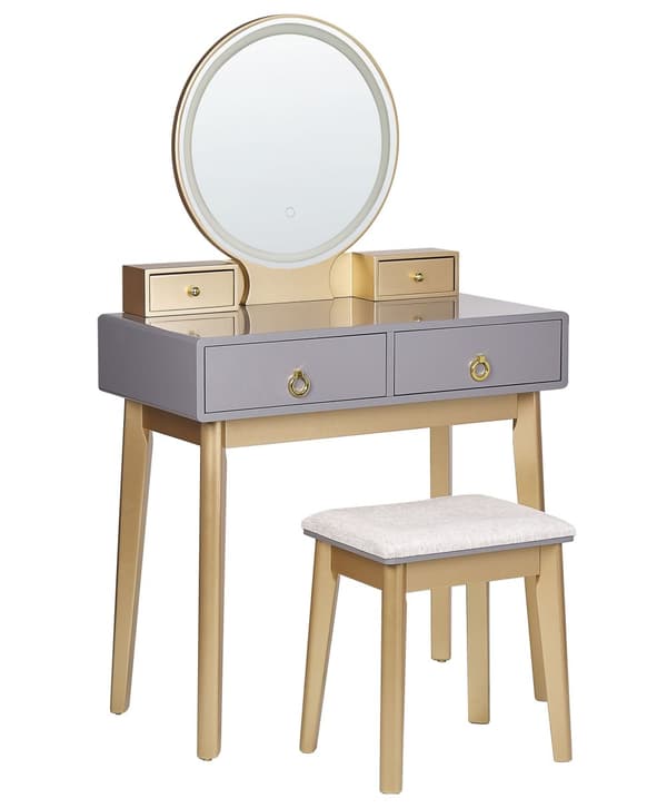 Sminkbord Grå och Guld MDF 4 Lådor LED Spegel Pall Vardagsrumsmöbler Glam Design Sovrum