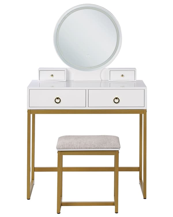 Sminkbord Vit och Guld MDF 4 Lådor LED Spegel Pall Vardagsrumsmöbler Glam Design Sovrum