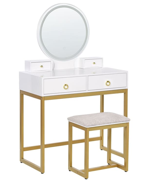 Sminkbord Vit och Guld MDF 4 Lådor LED Spegel Pall Vardagsrumsmöbler Glam Design Sovrum