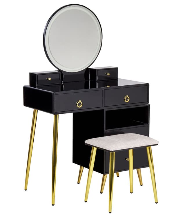 Sminkbord Svart och Guld MDF PVC 6 Lådor LED-Spegel Pall Vardagsrumsmöbler Glam Design Sovrum