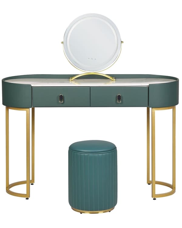 Dressingbord Grönt och guld MDF 2 lådor LED-spegel Pall Vardagsrumsmöbler Glam Design