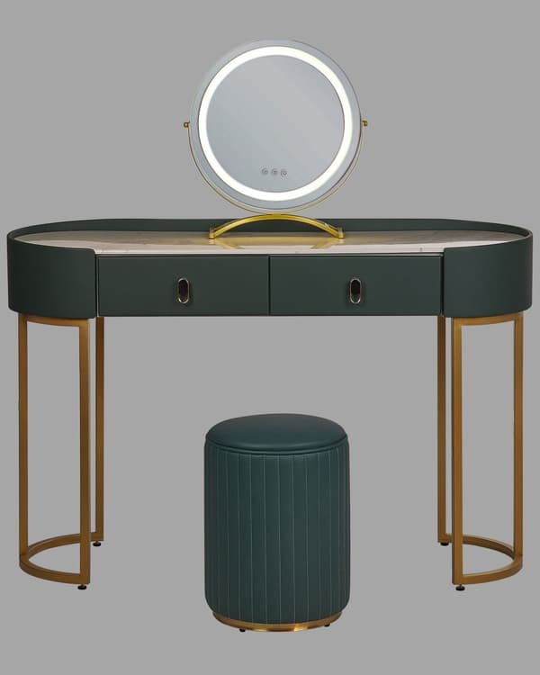 Dressingbord Grönt och guld MDF 2 lådor LED-spegel Pall Vardagsrumsmöbler Glam Design