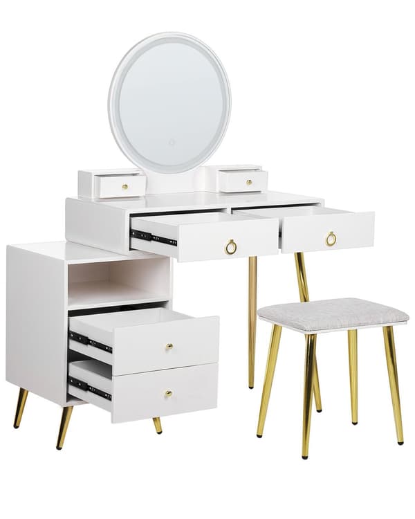 Sminkbord Vit och Guld MDF PVC 6 Lådor LED-Spegel Pall Vardagsrumsmöbler Glam Design Sovrum