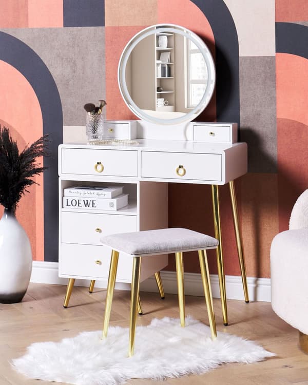 Sminkbord Vit och Guld MDF PVC 6 Lådor LED-Spegel Pall Vardagsrumsmöbler Glam Design Sovrum