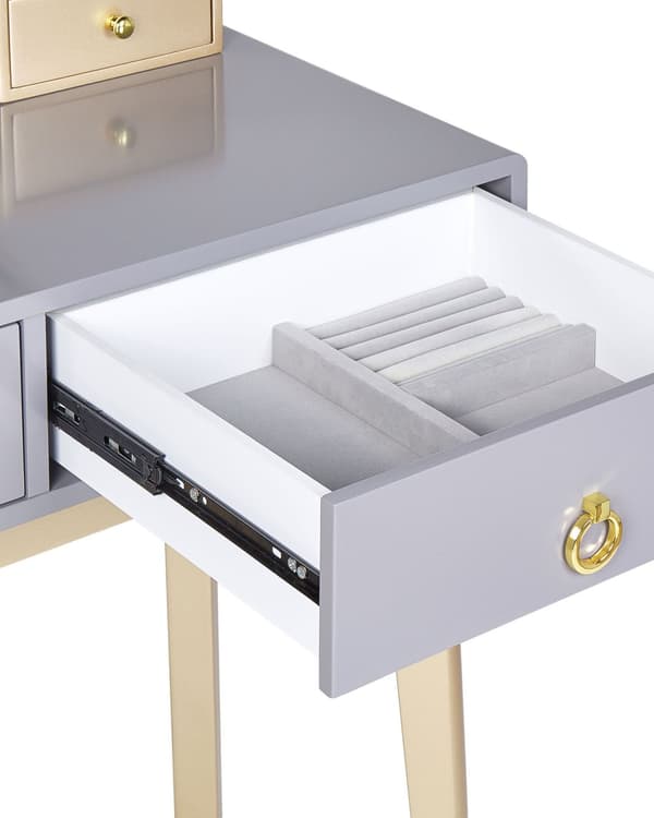 Kampauspöytä ja jakkara harmaa/kulta MDF-levy LED-peilillä 4 laatikkoa glamour