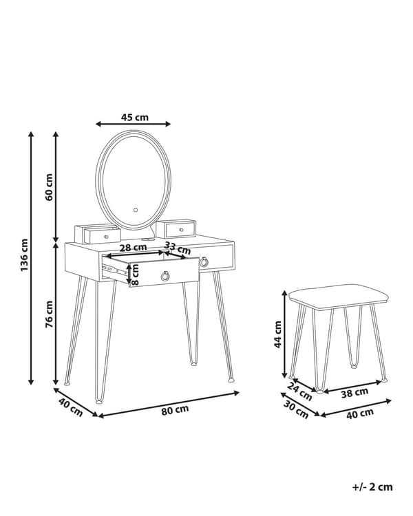 Kampauspöytä valkoinen/musta MDF 4 laatikkoa LED-valo peili glamour tyyli