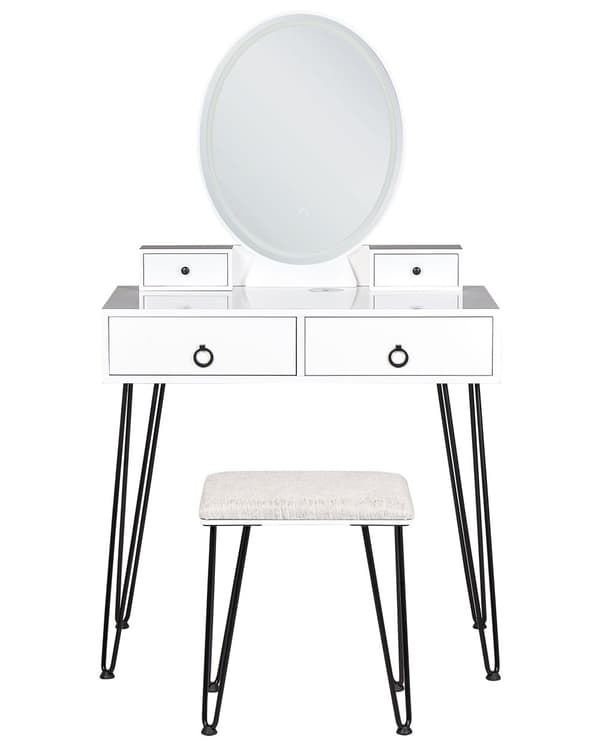 Kampauspöytä valkoinen/musta MDF 4 laatikkoa LED-valo peili glamour tyyli
