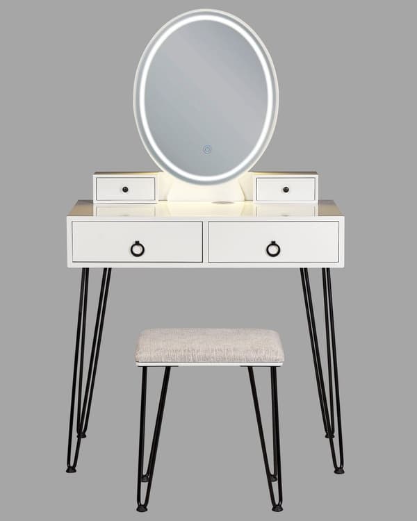 Kampauspöytä valkoinen/musta MDF 4 laatikkoa LED-valo peili glamour tyyli