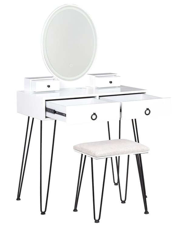Kampauspöytä valkoinen/musta MDF 4 laatikkoa LED-valo peili glamour tyyli