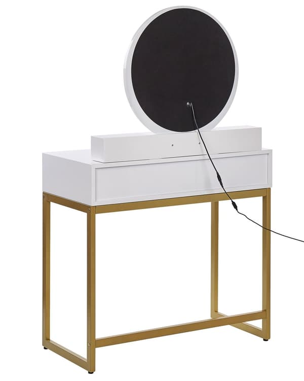 Kampauspöytä ja jakkara valkoinen/kulta MDF 4 laatikkoa LED-valo peilillä glamour tyyli