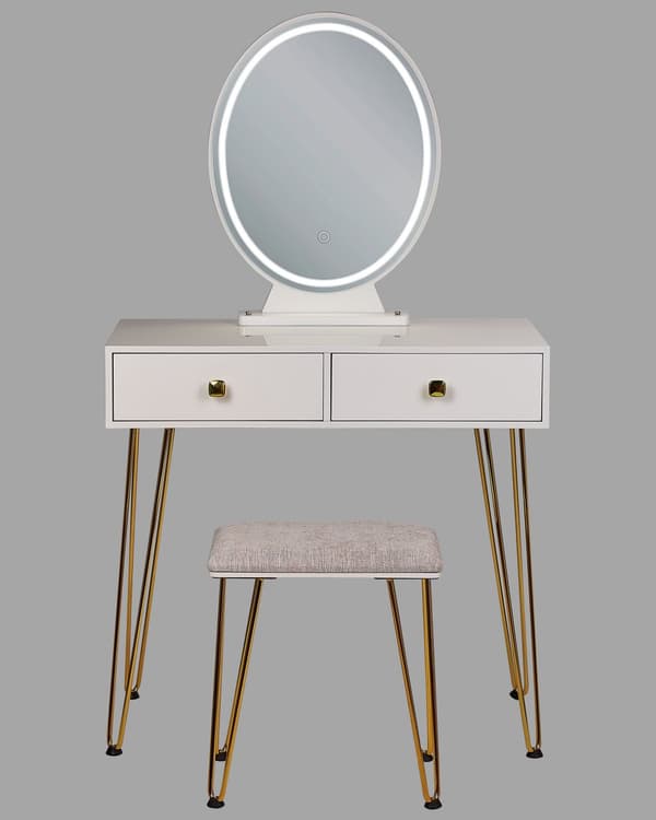 Kampauspöytä valkoinen/kulta MDF 2 laatikkoa LED-valo peili glamour tyyli