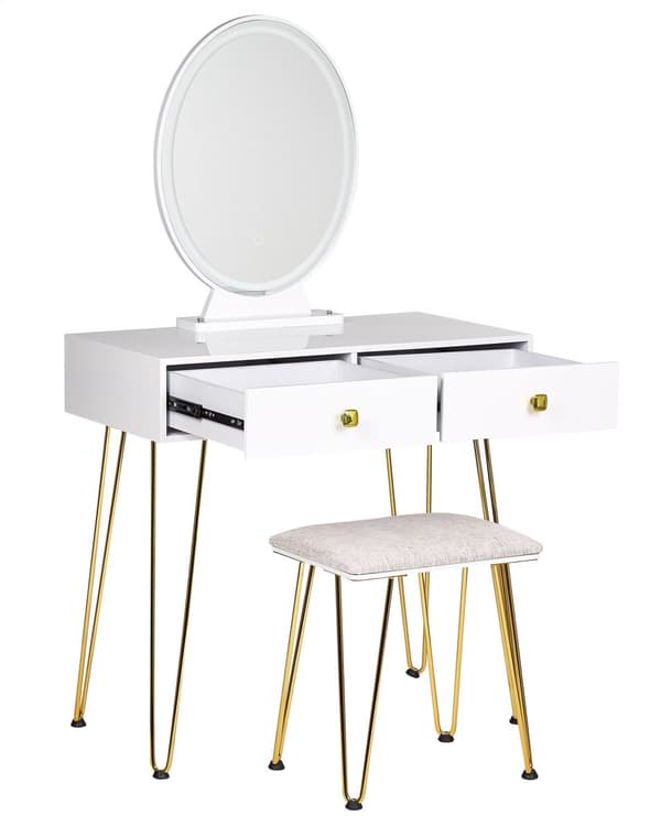 Kampauspöytä valkoinen/kulta MDF 2 laatikkoa LED-valo peili glamour tyyli