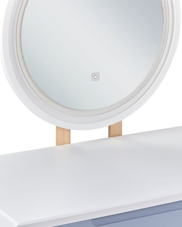 Kampauspöytä valkoinen harmaa 80 x 130 x 40 cm puu lasi LED-peili 2 laatikkoa jakkara skandinaavinen